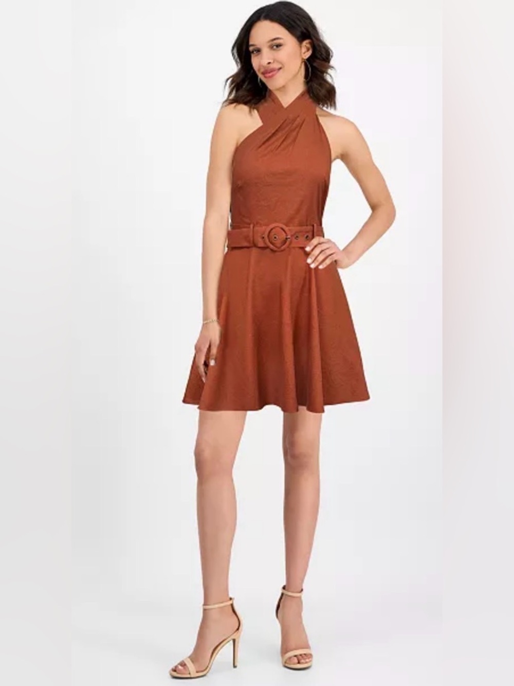 Sleeveless Halter Belted A-Line Dress in Rust